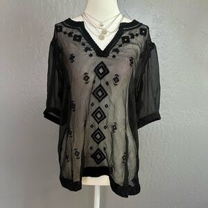Black Sheer Embroidered Women's Top